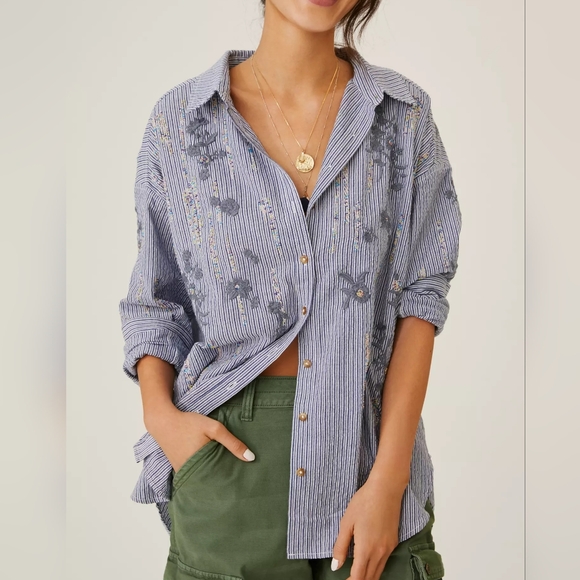 Anthropologie Pilcro Beaded Button Up Striped top XL - Picture 3 of 11